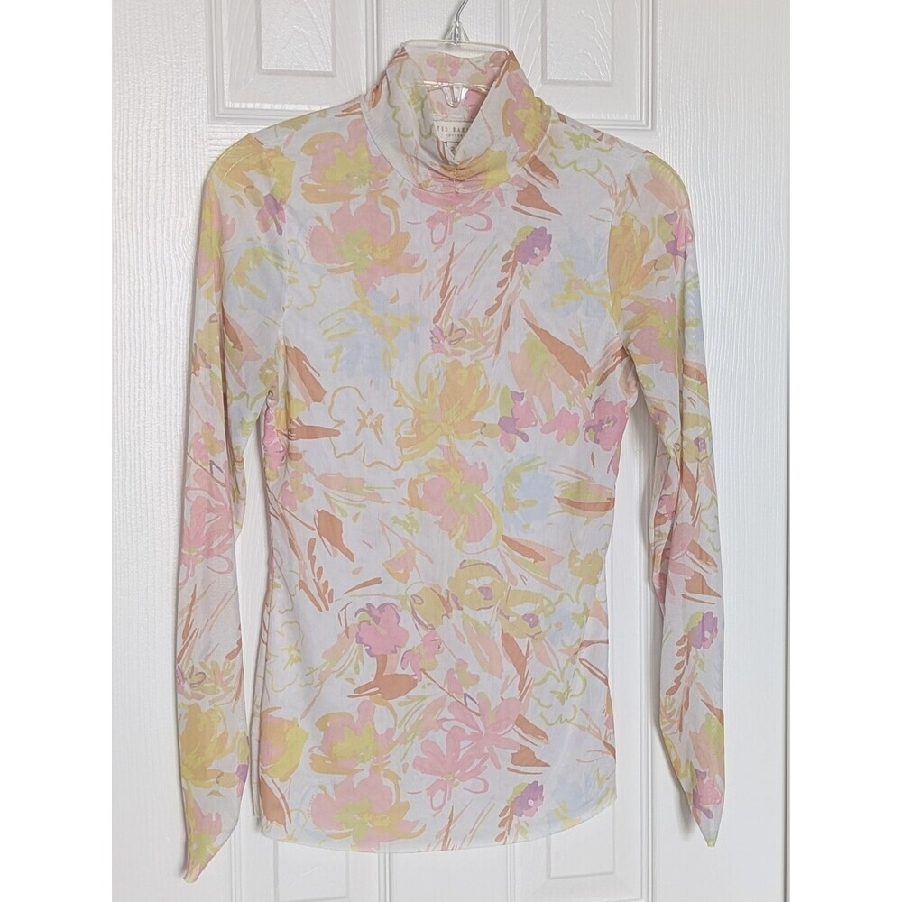 Ted Baker (Size 2) Danuta Dobby Sheer Mesh Pastel Floral Feminine Mockneck Top